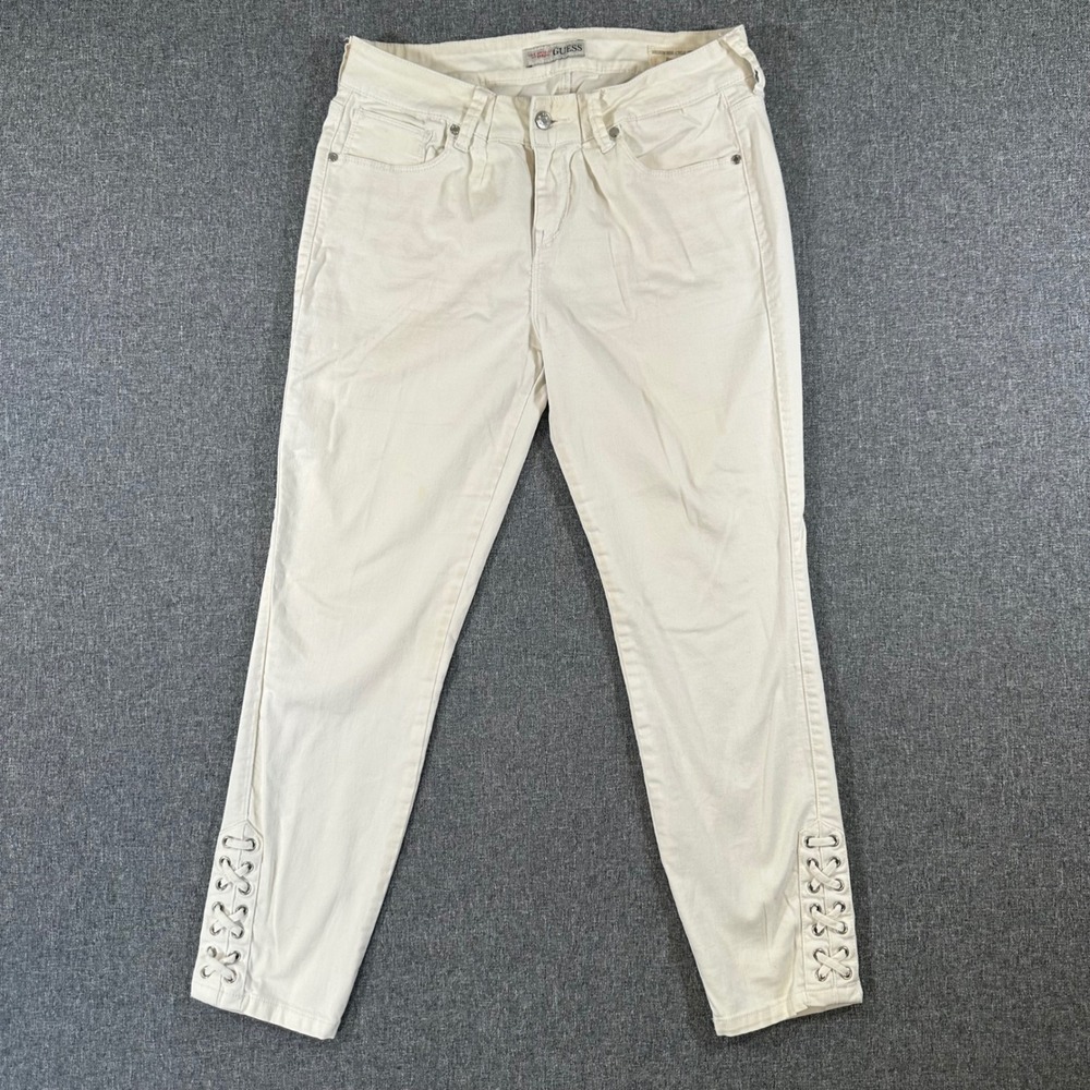 Guess Emma Ankle Skinny Jeans 31 Off White Lace Up Hem Medium Rise Denim Pants